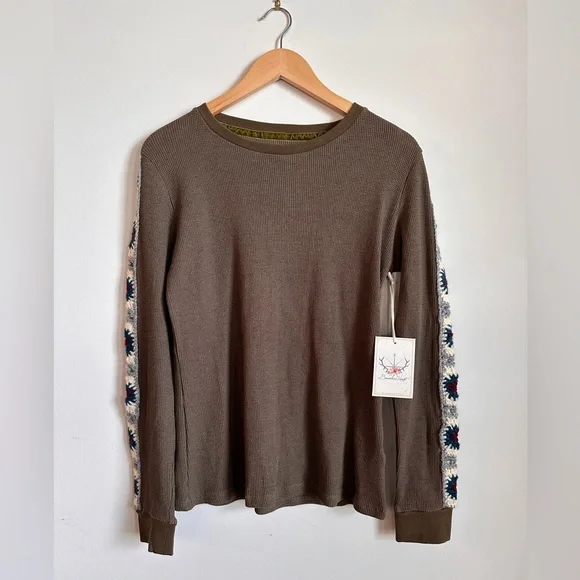 Boundless North Sweater Thermal Crochet Sleeves Boho Fairy Casual Green Large - Picture 2 of 6